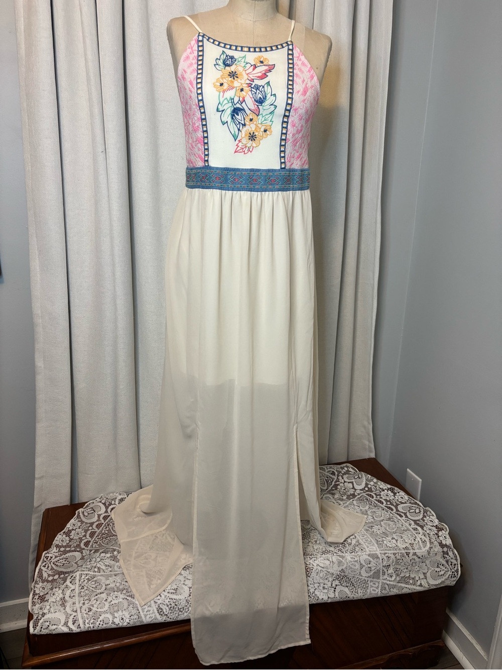 Flying Tomato Crème  Floral Embroidered Maxi Dress with Pink Accents